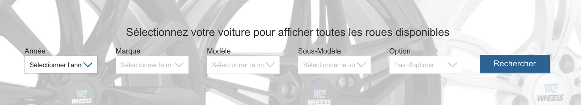 Barre de moteur de recherche qui affiche l’année, la marque, le modèle et l’option de sous-modèle à rechercher.