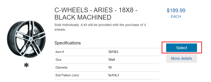 Basic product information of a particular wheel. Click the select button to add a wheel to your cart.