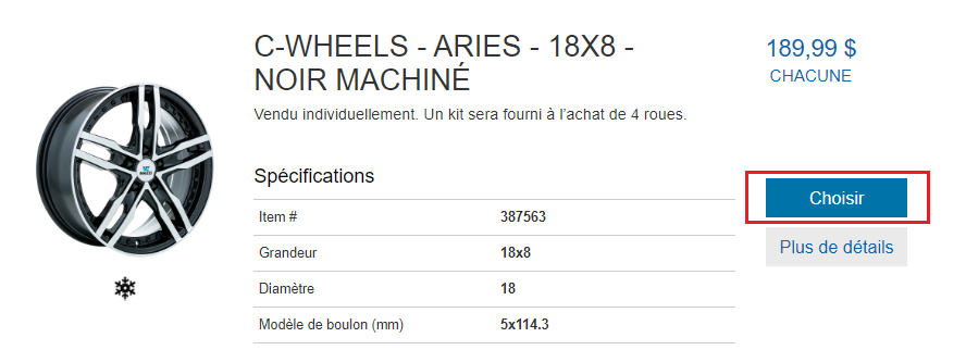 informations de base sur le produit d’une roue particulière. Cliquez sur choisir pour ajouter une roue à votre panier.