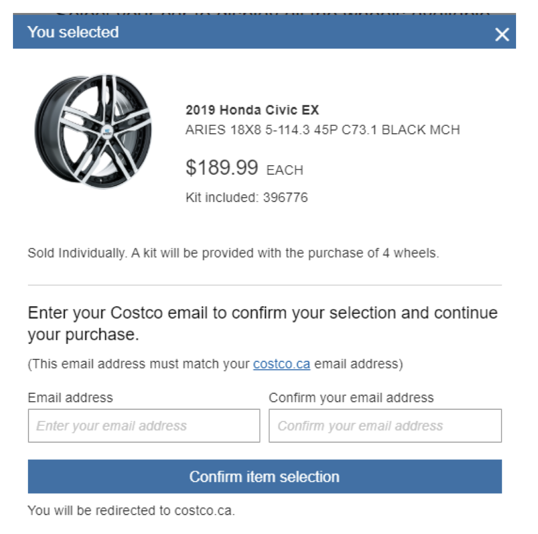 Pop-up image to enter your Costco email address to confirm your selection.  