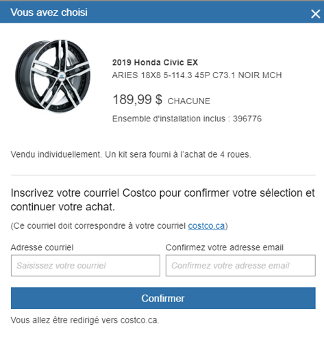 image de type « pop-up » pour entrer votre adresse courriel costco pour confirmer votre sélection