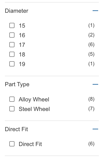 Screen shot of some filters opened : diameter, part type, direct fit that we can select by clicking on the empty checkbox.