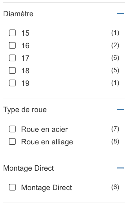 Capture d’écran de quelques filtres ouverts : diamètre, type de roue, montage direct que l’on peut sélectionner en cliquant sur la case à cocher vide.
